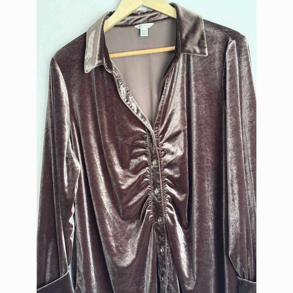 Cato Brown Velvet Ruched Button Down Top Women’s 18/20W Holiday Party Glam Chic - Picture 7 of 10